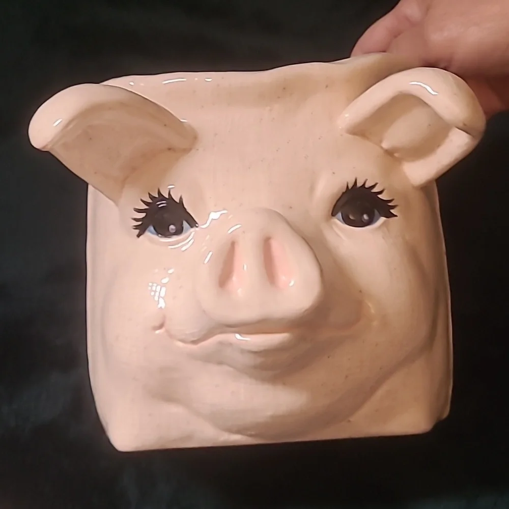 Vintage Pink Ceramic Pig cookie jar two pieces